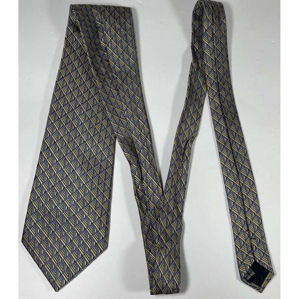 Italian Design by Tal's Silk Tie - Blue & Gold Geometric Pattern - Hand Made